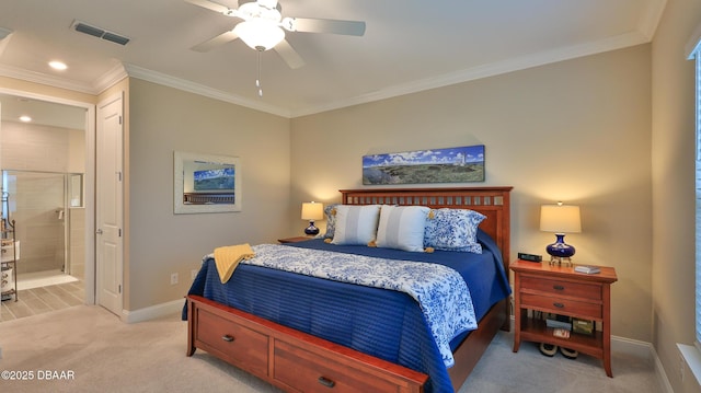4119 Clifden Dr, Ormond Beach, FL 32174 - bedroom featuring baseboards, light carpet, crown molding, ensuite bathroom, and a ceiling fan