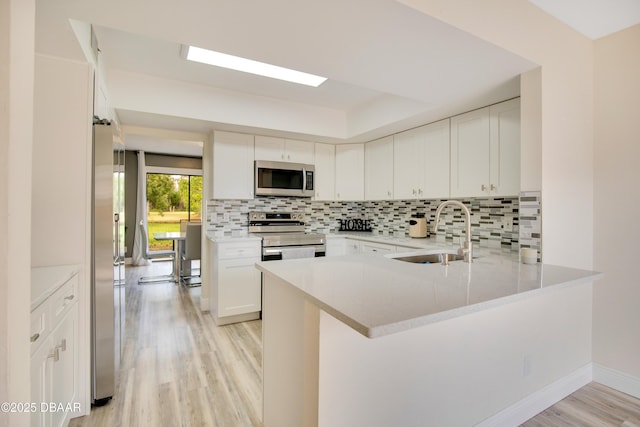 kitchen featuring kitchen peninsula, sink, white cabinetry, light wood-type flooring, and stainless steel appliances