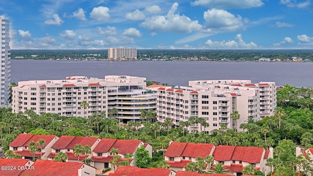 drone / aerial view with a water view