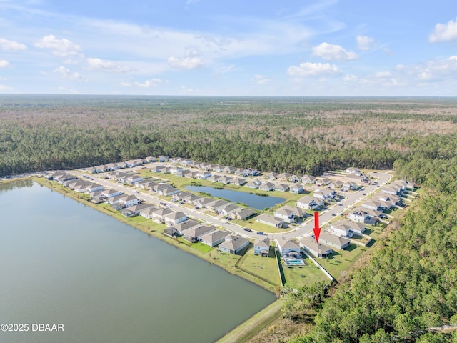 aerial view featuring a water view