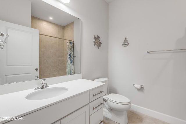 bathroom featuring toilet, curtained shower, tile patterned floors, and vanity