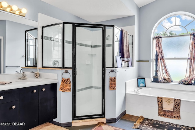 1001 Grassy Rdg, Port Orange, FL 32127 - full bathroom featuring vanity, a stall shower, a garden tub, tile patterned floors, and baseboards