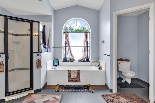 1001 Grassy Rdg, Port Orange, FL 32127 - bathroom with a garden tub, toilet, a stall shower, and lofted ceiling