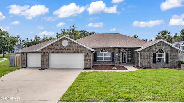1001 Grassy Rdg, Port Orange, FL 32127 - view of front of house featuring an attached garage, brick siding, a front yard, driveway, and roof with shingles