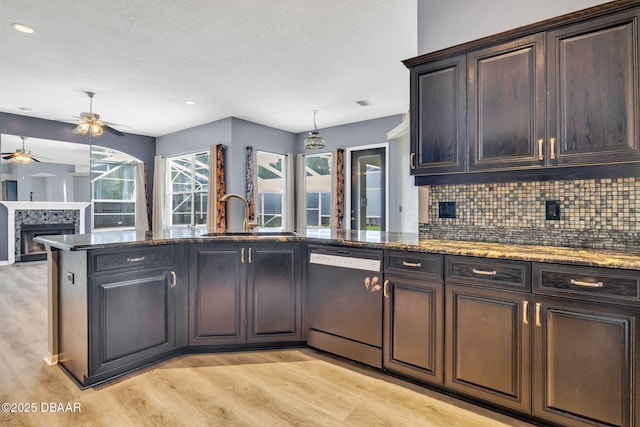 1001 Grassy Rdg, Port Orange, FL 32127 - kitchen featuring stainless steel dishwasher, a sink, light wood-type flooring, a ceiling fan, and a textured ceiling