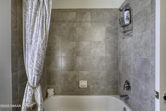 full bathroom with shower / bathtub combination with curtain