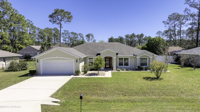 single story home featuring a shingled roof, a front lawn, concrete driveway, stucco siding, and an attached garage