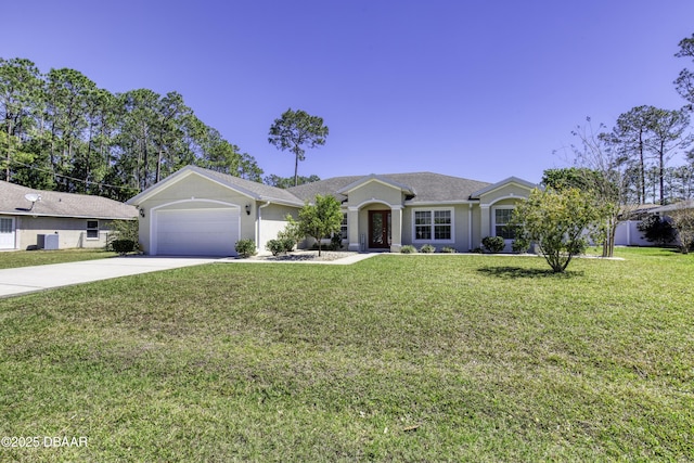 single story home featuring stucco siding, driveway, a front yard, and an attached garage