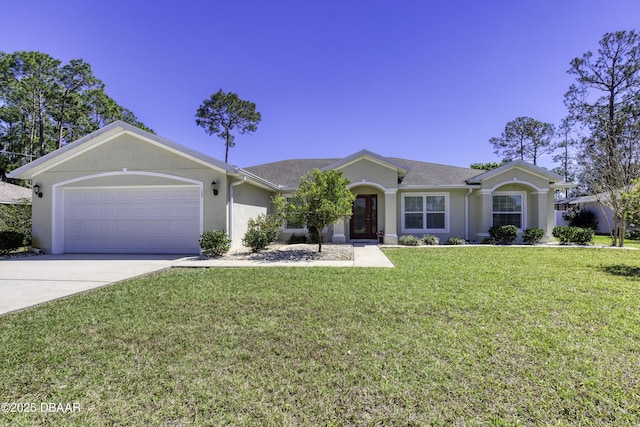 ranch-style house with stucco siding, a garage, concrete driveway, and a front lawn