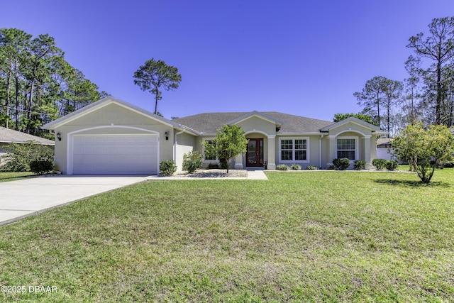 single story home featuring a front lawn, an attached garage, driveway, and stucco siding