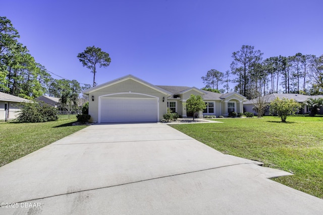 single story home featuring stucco siding, driveway, a front lawn, and a garage