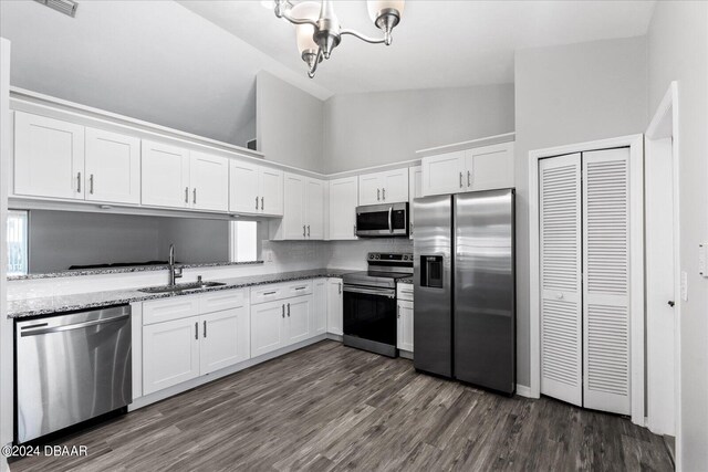 kitchen with dark wood-type flooring, white cabinets, sink, and stainless steel appliances