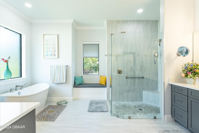 bathroom featuring vanity, separate shower and tub, and crown molding