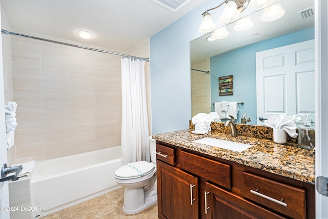 full bathroom with a textured ceiling, vanity, shower / bathtub combination with curtain, tile patterned flooring, and toilet