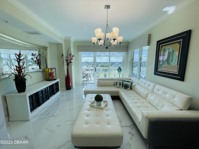 1925 S Atlantic Ave Unit 411, Daytona Beach Shores, FL 32118 - living room with marble finish flooring, a chandelier, and crown molding