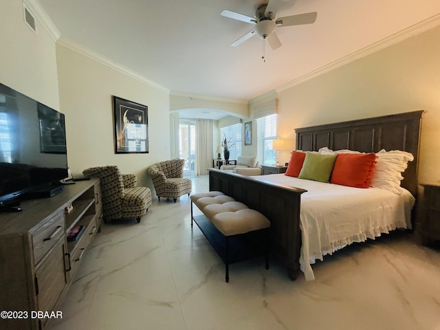 1925 S Atlantic Ave Unit 411, Daytona Beach Shores, FL 32118 - bedroom with crown molding, access to outside, and a ceiling fan