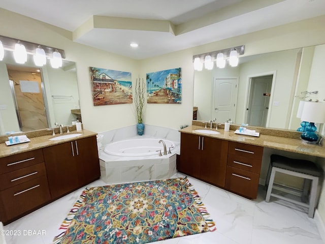 1925 S Atlantic Ave Unit 411, Daytona Beach Shores, FL 32118 - full bath featuring a whirlpool tub, two vanities, a shower stall, recessed lighting, and marble look tiles