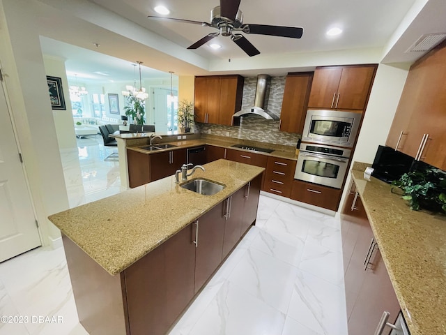 1925 S Atlantic Ave Unit 411, Daytona Beach Shores, FL 32118 - kitchen with appliances with stainless steel finishes, wall chimney range hood, a sink, light marble finish flooring, and a ceiling fan