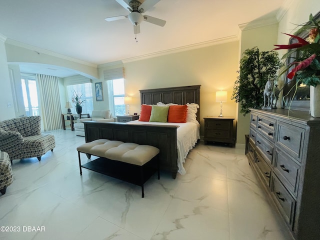 1925 S Atlantic Ave Unit 411, Daytona Beach Shores, FL 32118 - bedroom with crown molding, multiple windows, light marble finish flooring, arched walkways, and ceiling fan