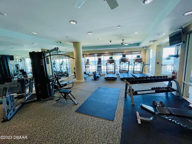 1925 S Atlantic Ave Unit 411, Daytona Beach Shores, FL 32118 - gym featuring a ceiling fan, plenty of natural light, carpet, and recessed lighting
