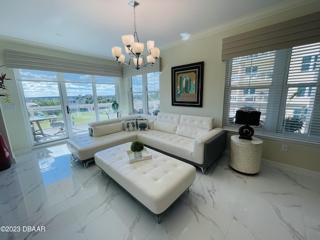 1925 S Atlantic Ave Unit 411, Daytona Beach Shores, FL 32118 - living area with a chandelier, crown molding, baseboards, and marble finish floors