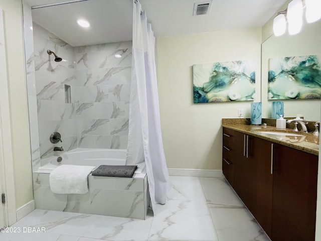 1925 S Atlantic Ave Unit 411, Daytona Beach Shores, FL 32118 - full bathroom with marble finish floors, shower / bathtub combination with curtain, vanity, baseboards, and recessed lighting