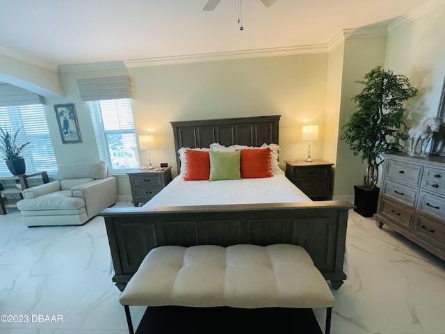 1925 S Atlantic Ave Unit 411, Daytona Beach Shores, FL 32118 - bedroom with light marble finish floors, crown molding, and ceiling fan