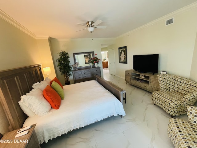 1925 S Atlantic Ave Unit 411, Daytona Beach Shores, FL 32118 - bedroom with marble look tiles, ornamental molding, and ceiling fan