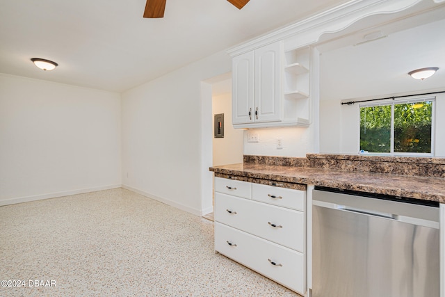 kitchen with dishwasher, white cabinetry, and ceiling fan