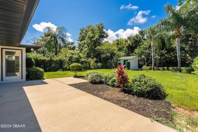 view of patio / terrace with a shed