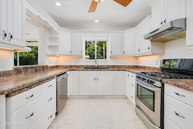 kitchen with ceiling fan, sink, white cabinets, and stainless steel appliances