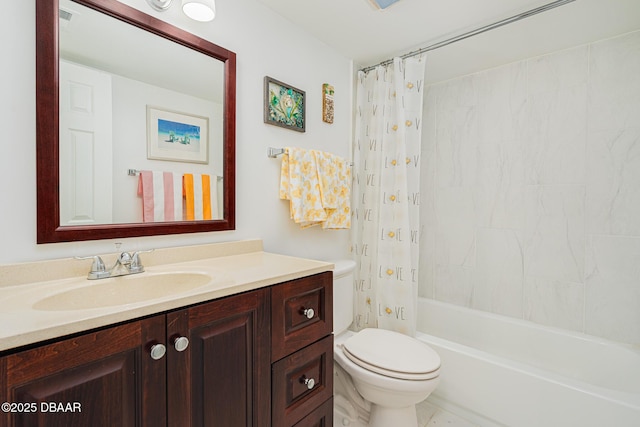 full bathroom featuring shower / bath combination with curtain, vanity, and toilet