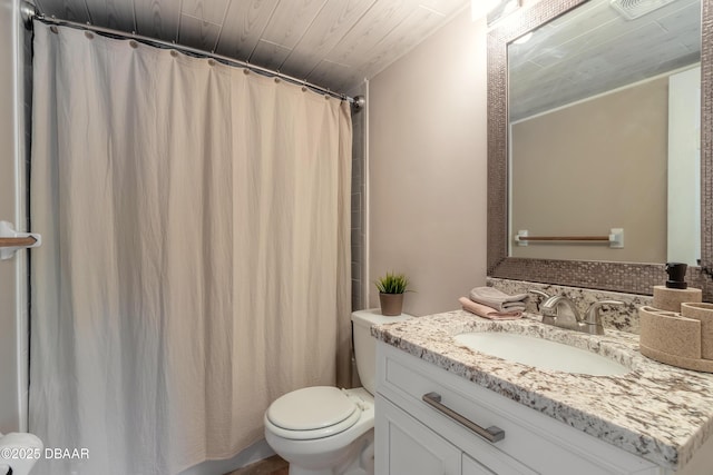 full bathroom with wooden ceiling, a shower with shower curtain, vanity, and toilet