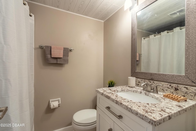 bathroom featuring visible vents, toilet, vanity, a shower with curtain, and wooden ceiling