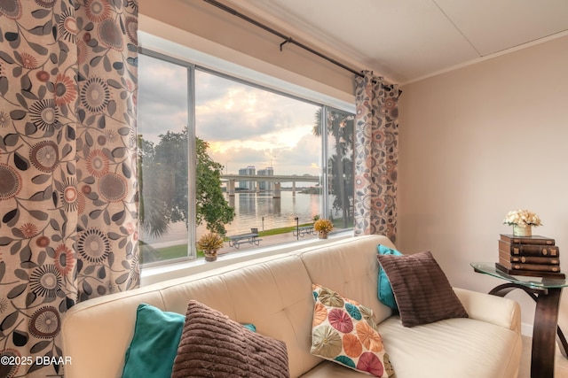 sitting room with a view of city, a water view, and crown molding