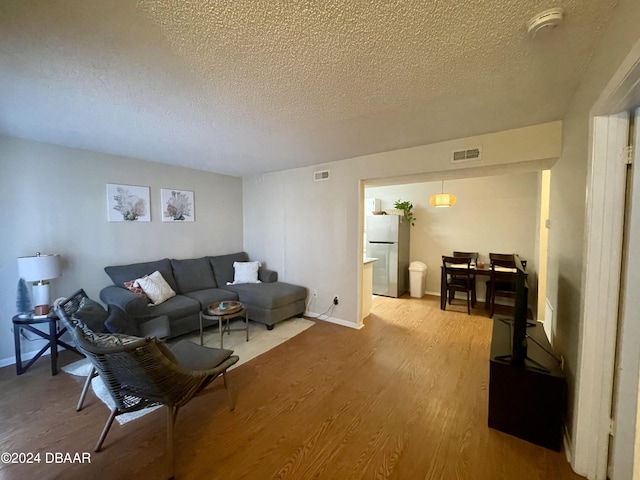 living room with hardwood / wood-style flooring and a textured ceiling