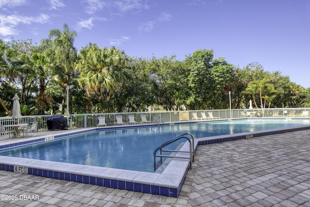 view of pool featuring area for grilling and a patio