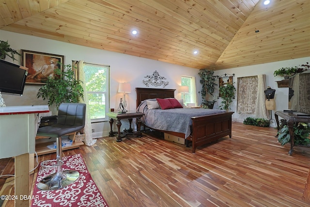 bedroom featuring wooden ceiling, light hardwood / wood-style flooring, and vaulted ceiling