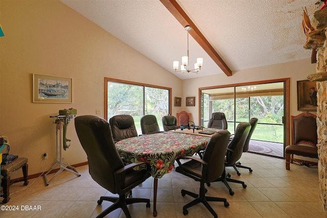 tiled dining space featuring beamed ceiling, a chandelier, a textured ceiling, and high vaulted ceiling