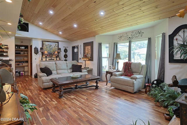 living room with wooden ceiling, wood-type flooring, and high vaulted ceiling