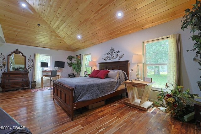 bedroom featuring wooden ceiling, wood-type flooring, multiple windows, and high vaulted ceiling