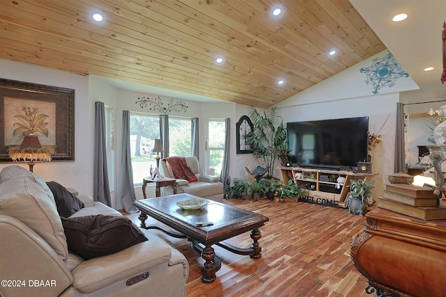 living room featuring wood ceiling, vaulted ceiling, and hardwood / wood-style flooring