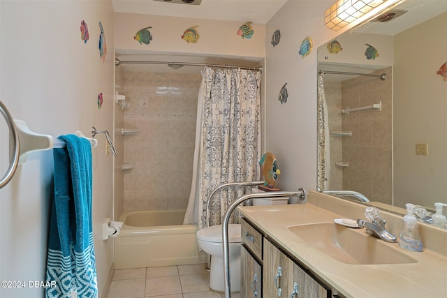 full bathroom with tile patterned flooring, vanity, shower / bath combination with curtain, and toilet