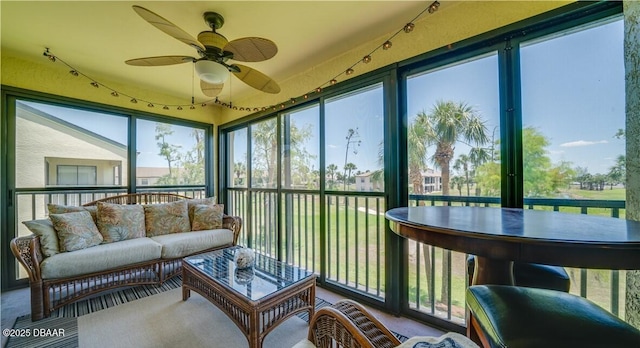 17230 Terraverde Cir Unit 7, Fort Myers, FL 33908 - sunroom featuring a ceiling fan, an outdoor living space, and healthy amount of natural light