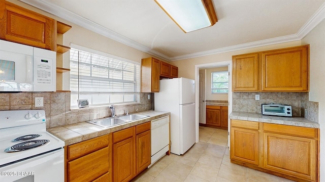 kitchen featuring ornamental molding, white appliances, a sink, and open shelves