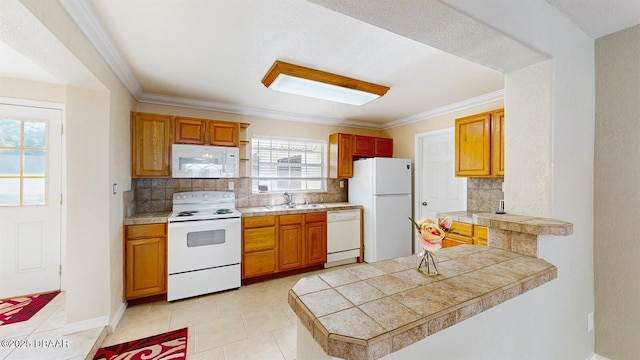 kitchen featuring ornamental molding, white appliances, a sink, and tasteful backsplash