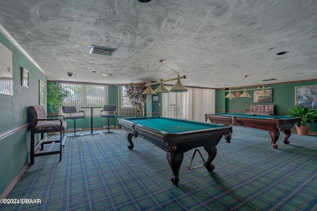 game room featuring billiards, carpet floors, a textured ceiling, and crown molding