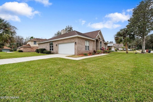 ranch-style house with a garage and a front lawn