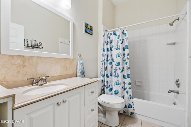 full bathroom with toilet, tasteful backsplash, shower / tub combo, vanity, and tile patterned flooring