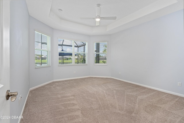 spare room featuring carpet floors, baseboards, a tray ceiling, and ceiling fan